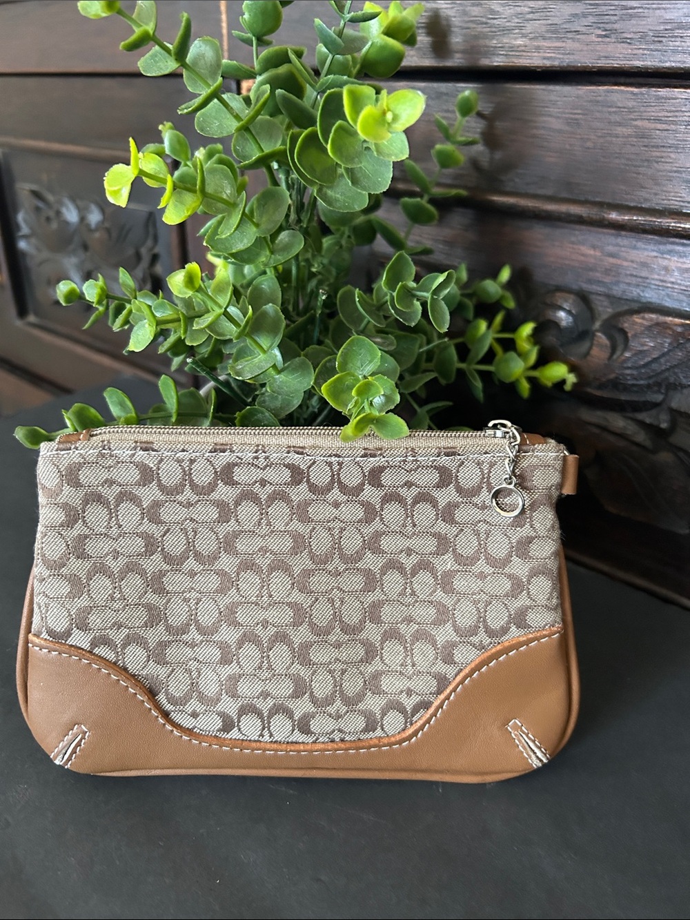 Signature Jacquard and Tan Leather Wristlet Pouch